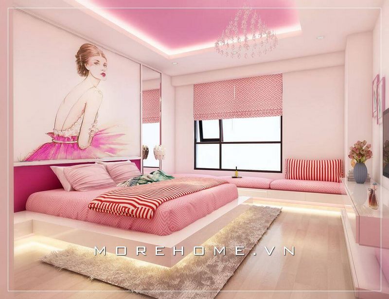 Nội thất phòng ngủ gỗ công nghiệp ấn tượng với 2 gam màu trắng - hồng chủ đạo, đây là xu hướng được nhiều bạn nữ lựa chọn nhiều trong vài năm trở lại đây