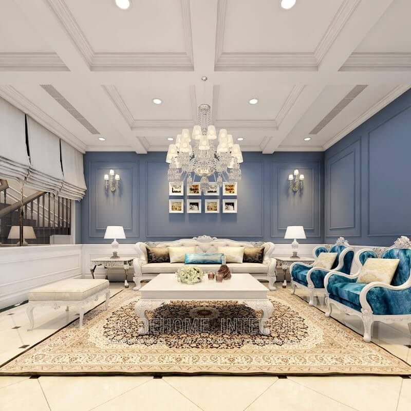 Moresofa gợi ý mẫu Sofa tân cổ điển đẹp với các chi tiết chạm trổ cầu kỳ cùng 2 màu xanh và trắng tạo cảm giác nhẹ nhàng, sáng sủa cho phòng khách