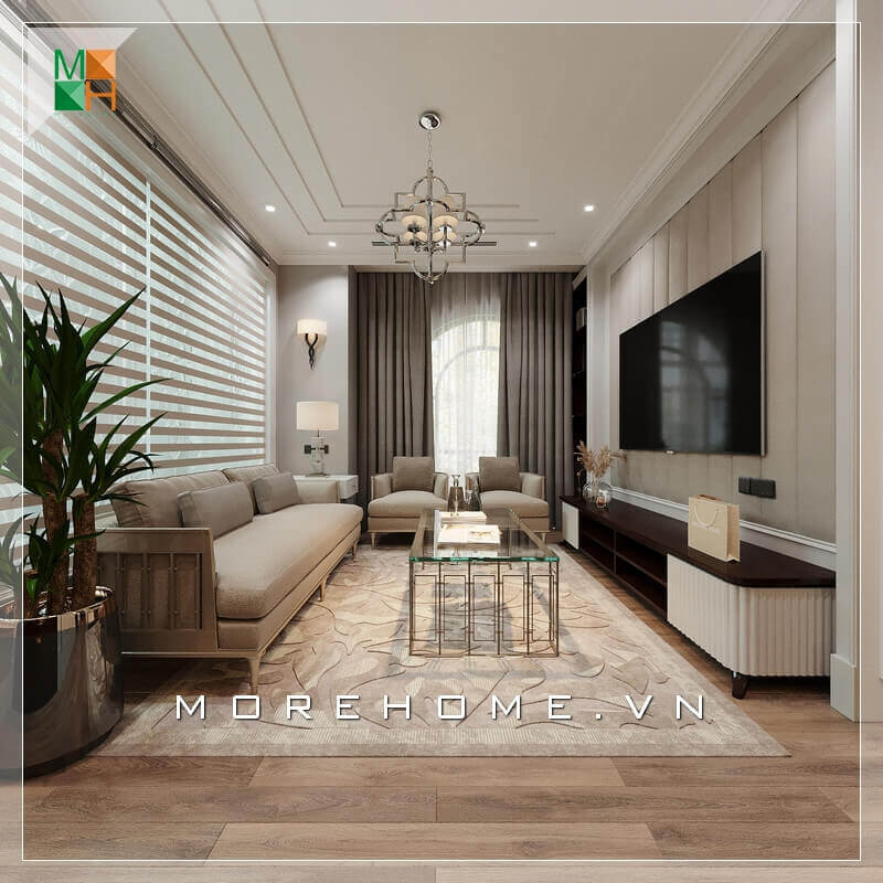 Morehome gợi ý cho bạn mẫu thiết kế nội thất phòng khách chung cư, nhà phố tiện nghi và sang trọng mang phong cách tân cổ điển. Thiết kế nội thất phòng khách biệt thự