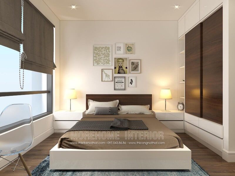 Mẫu giường ngủ màu trắng nhẹ nhàng, phần đầu giường được gia chủ lựa chọn tone màu nâu trầm tạo điểm nhấn ấn tượng và lạ mắt hơn cho cả không gian