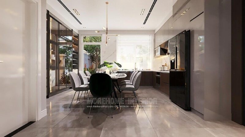 Mẫu thiết kế phòng bếp hiện đại ôm trọn phòng ăn