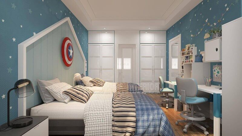 Nếu bạn đang băn khoăn bố trí phòng vệ sinh khép kín liền mạch với phòng ngủ của 2 cậu con trai thì ý tưởng sử dụng phòng tắm đi từ cửa giữa 2 tủ quần áo âm tường là một cách sắp xếp khá độc đáo vừa tinh gọn vừa đẹp.