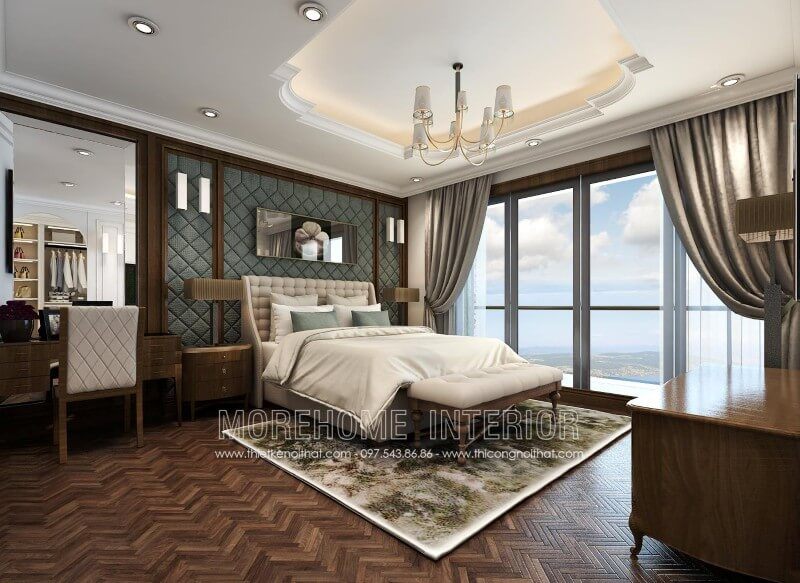 Giường ngủ kiểu dáng tân cổ điển cùng chất liệu khung gỗ bọc da sẽ là điểm nhấn đáng chú ý của căn phòng