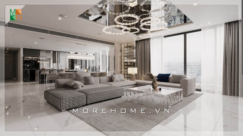 Mẫu bàn trà chân sắt thiết kế lạ mắt kết hợp mặt bàn bằng đá nhân tạo màu trắng, mang đến sự hiện đại đẳng cấp cho phòng khách biệt thự