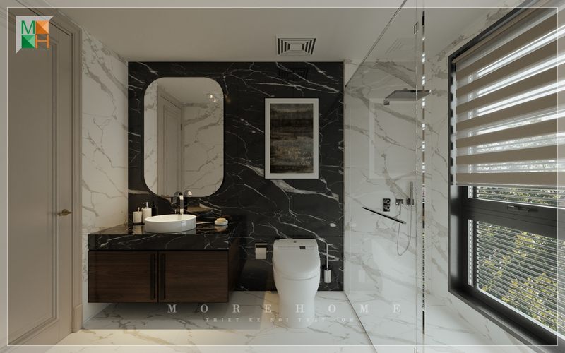 Phòng tắm nhà phố, biệt thự nội thất trang trí đơn giản không rườm rà phức tạp hỗ trọ tốt cho quá trình sử dụng sinh hoạt hằng ngày mang tới sự hài lòng cho gia chủ.
