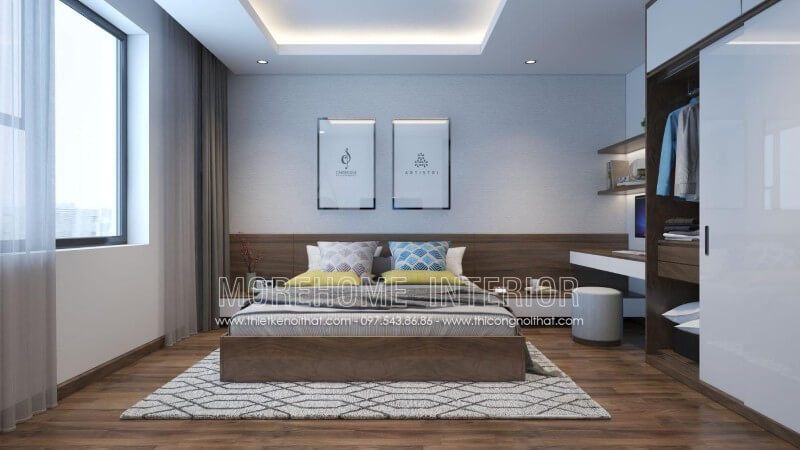 Mẫu giường ngủ 2 người hiện đại, phần tab đầu giường được bố trí liền kề tạo sự tiện nghi và thoải mái nhất cho khu vực riêng tư của gia chủ