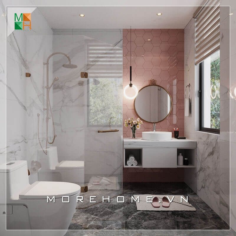 Mẫu phòng tắm hiện đại với lavabo ốp đá nhân tạo vân mây cao cấp