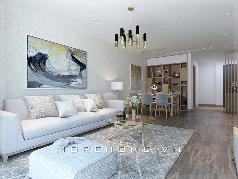 Sofa phòng khách với gam màu chủ đạo là sáng kết hợp cùng với mẫu bàn trà hiện đại góp phần mang tới sự hài hòa trong tổng thể thiết kế của căn phòng.