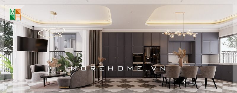 Xu hướng thiết kế phòng khách liền phòng ăn rất được ưa chuộng hiện nay. Hệ thống trần giật cấp và đèn chùm được thiết kế và bố trí ở các gian phòng khác nhau, như một cách để phân chia khu vực sinh hoạt