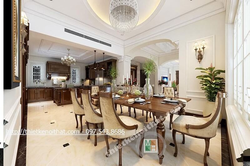 Mẫu bàn ăn gỗ tự nhiên với tone màu nâu trầm tạo nên một không gian ăn sang trọng và ấm cúng.