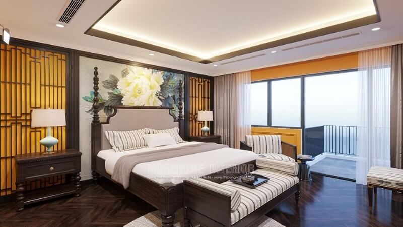Giường ngủ có kiểu dáng sang trọng và được làm từ gỗ tự nhiên theo phong cách Á Đông.
