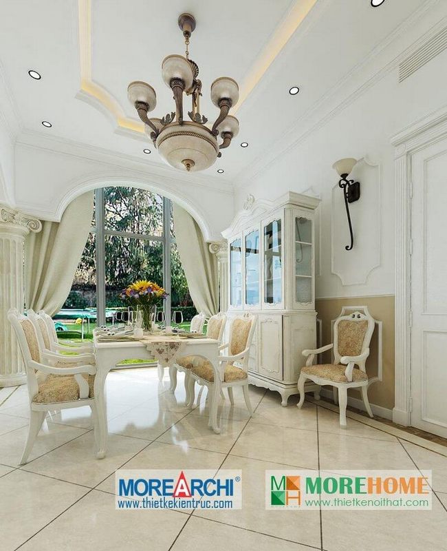 Phòng ăn được thiết kế theo phong cách tân cổ điển với nội thất gỗ cao cấp giúp tạo ra một không gian sống sang trọng và đẳng cấp cho gia chủ.